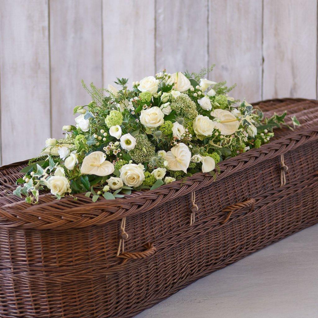 Detailed graphic illustration explaining the meaning of six common funeral flowers: Red Rose (Love), White Lily (Purity), Pink Carnation (Remembrance), Gladiolus (Sincerity), Yellow Tulip (Friendship), and White Hyacinth (Peace).